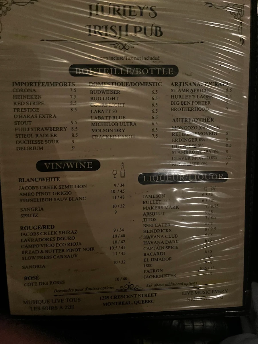 Menu, Hurley's Irish Pub