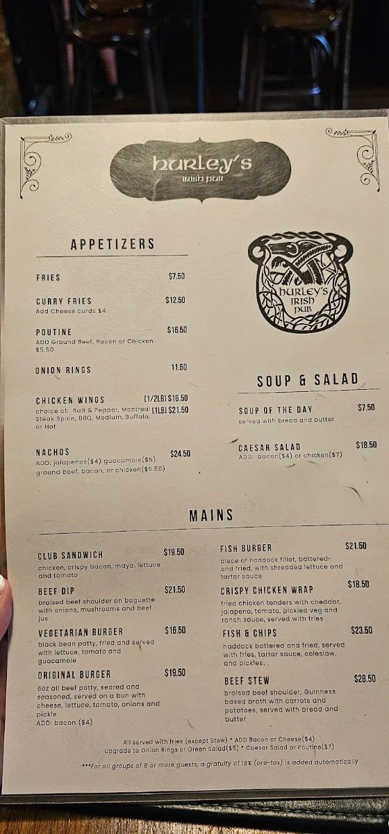 Menu, Hurley's Irish Pub