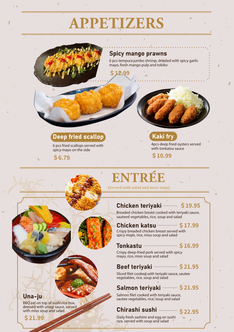 Menu, Taku Sushi & Ramen