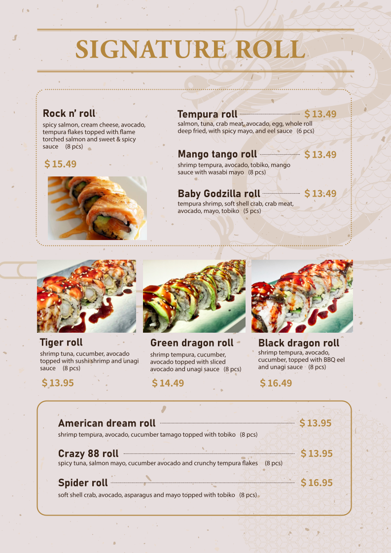 Menu, Taku Sushi & Ramen