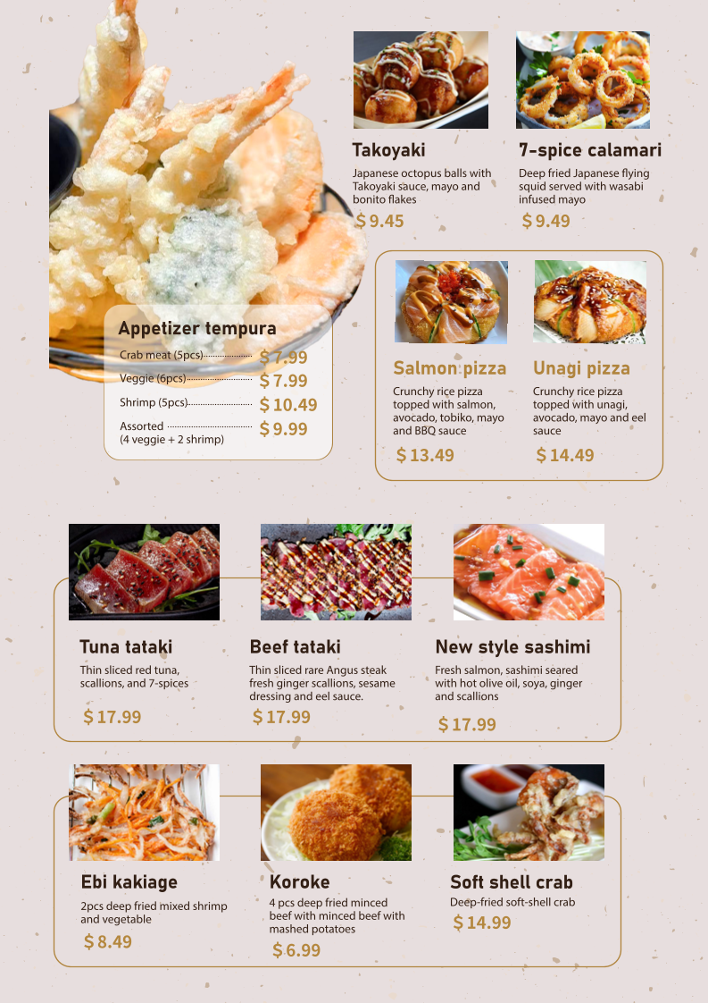 Menu, Taku Sushi & Ramen
