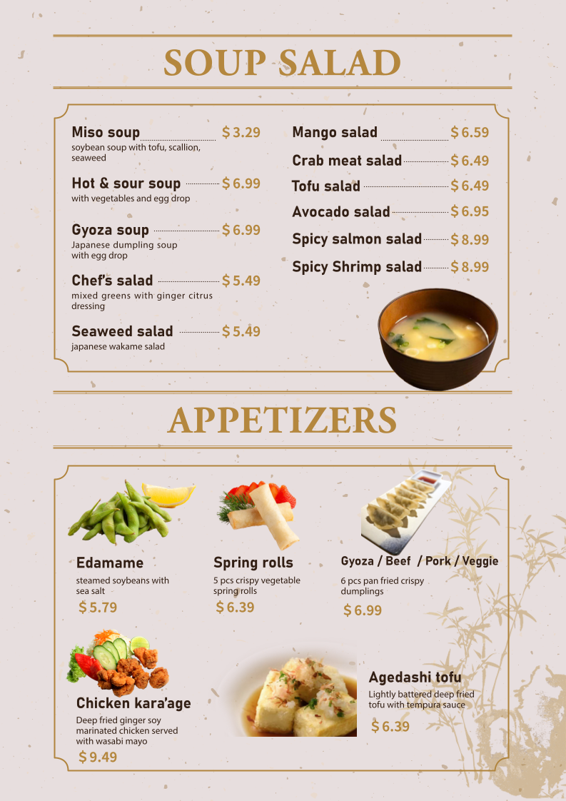 Menu, Taku Sushi & Ramen