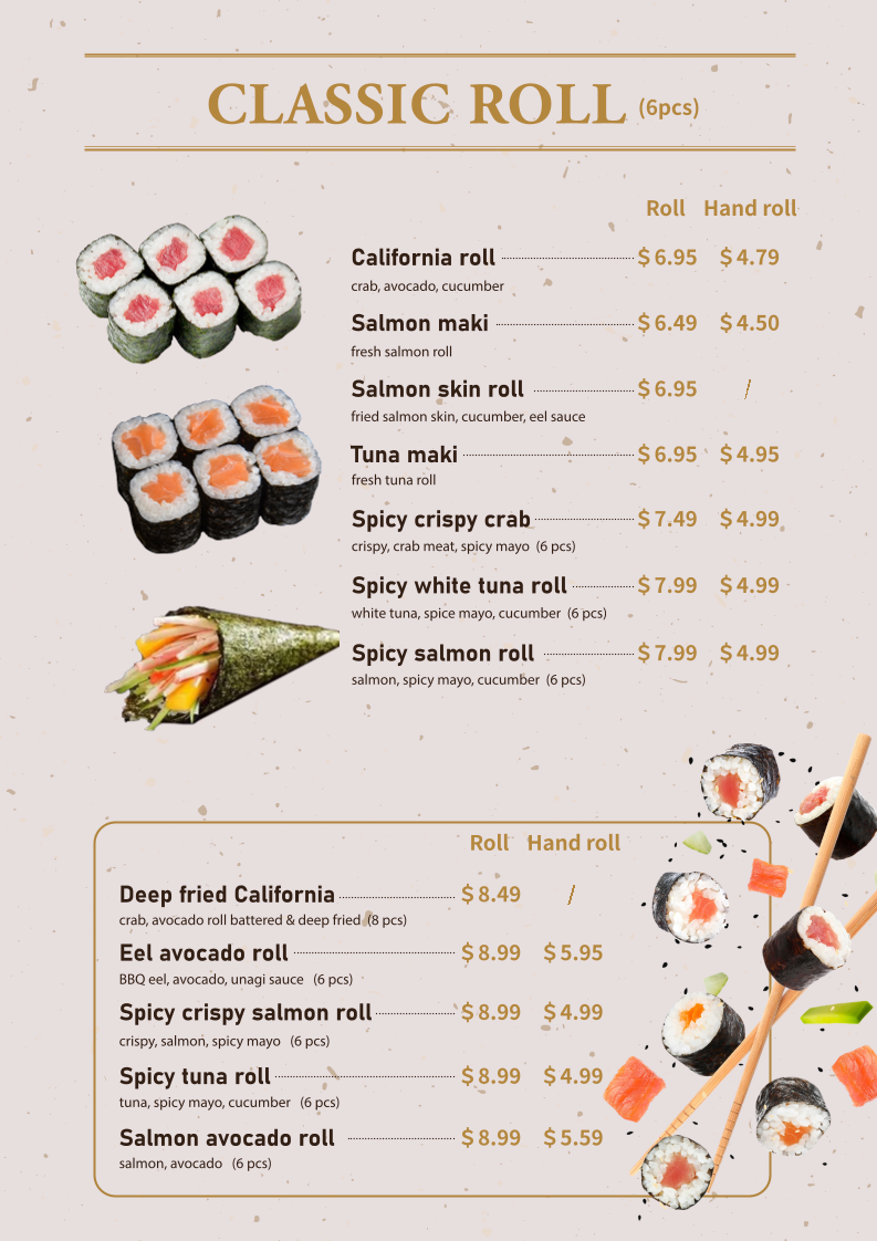 Menu, Taku Sushi & Ramen