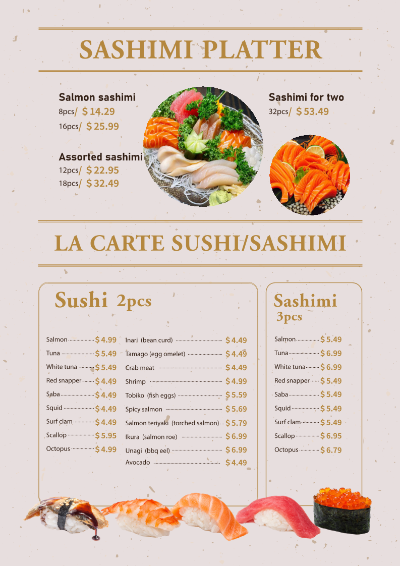 Menu, Taku Sushi & Ramen