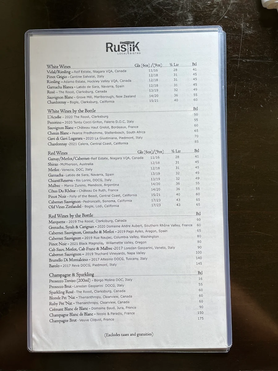 Menu, Rustik Local Bistro