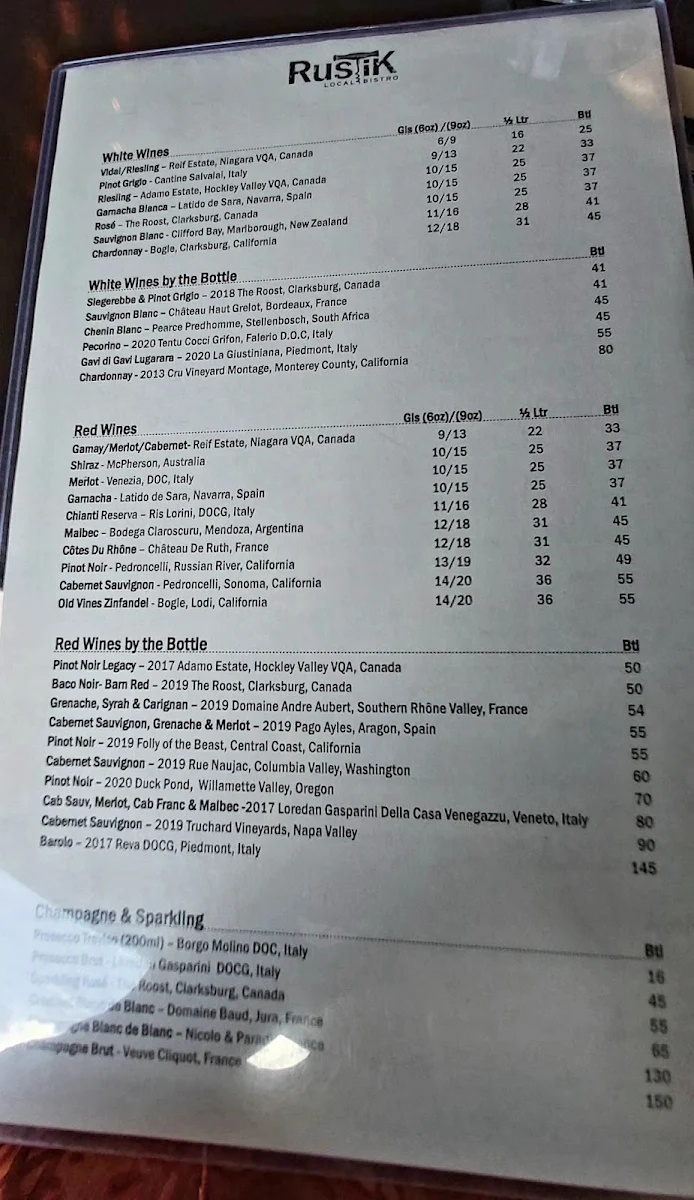 Menu, Rustik Local Bistro