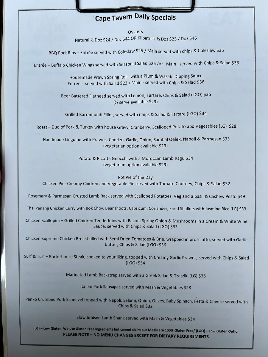 Menu, Cape Tavern