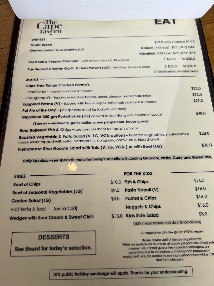 Menu, Cape Tavern