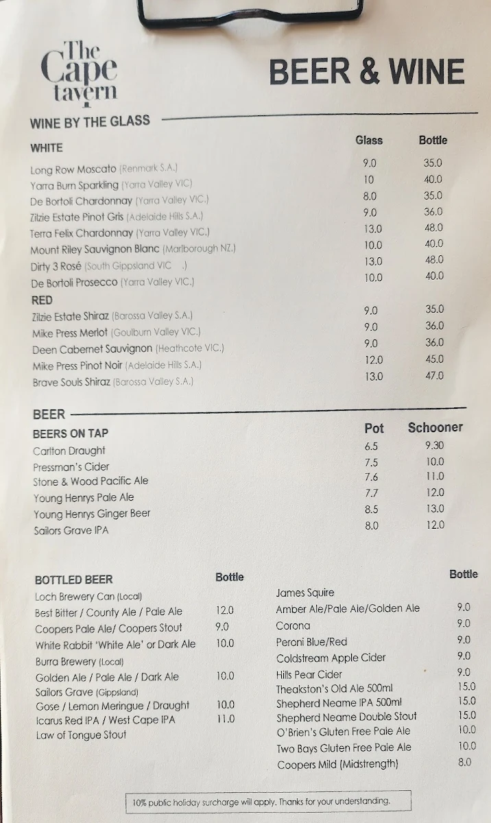 Menu, Cape Tavern