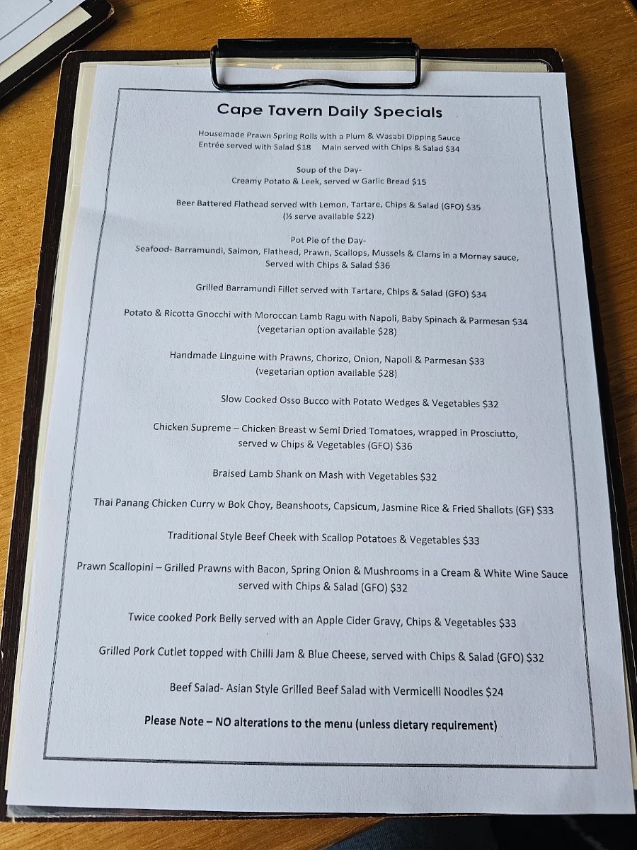 Menu, Cape Tavern