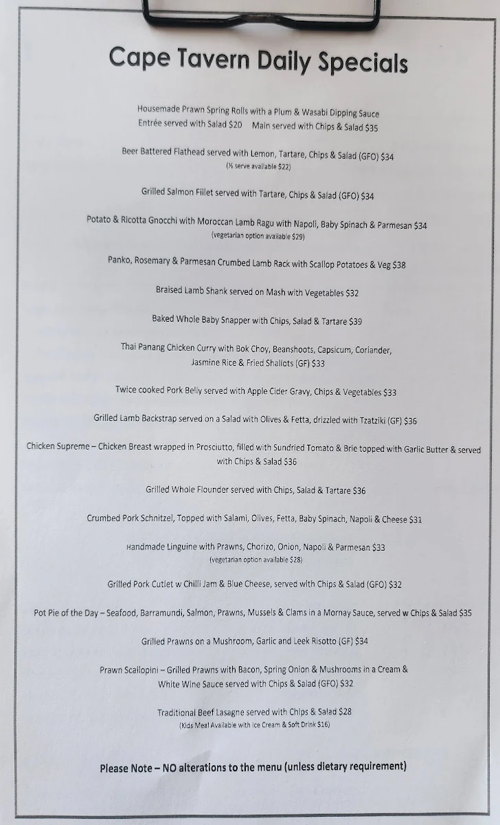 Menu, Cape Tavern