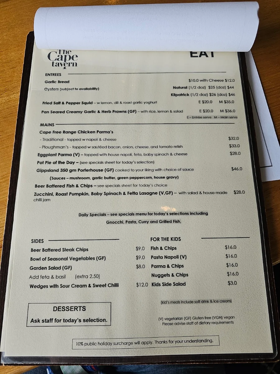 Menu, Cape Tavern