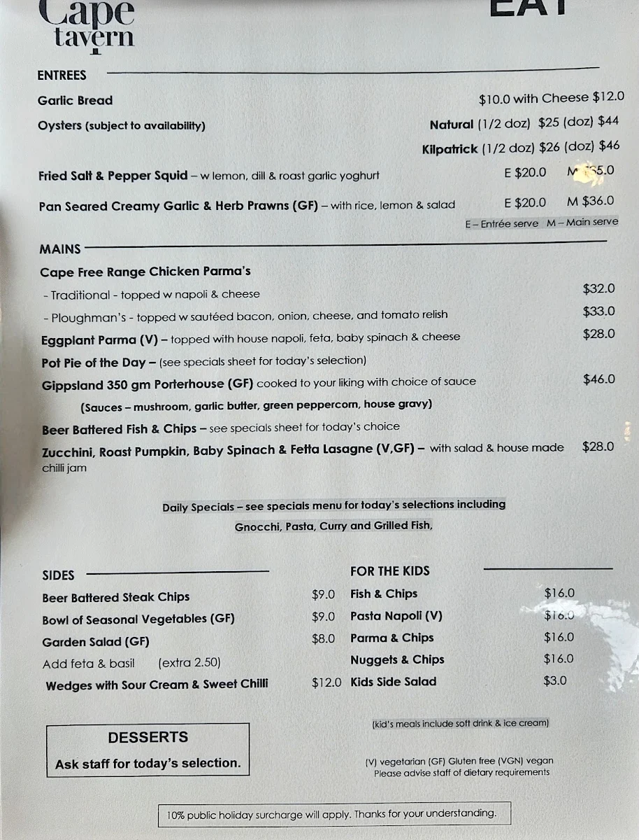 Menu, Cape Tavern
