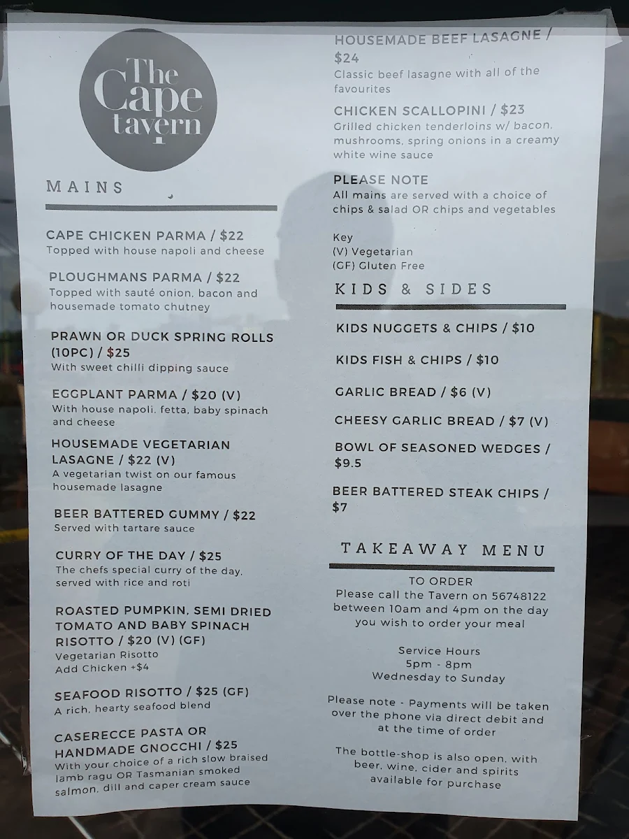 Menu, Cape Tavern