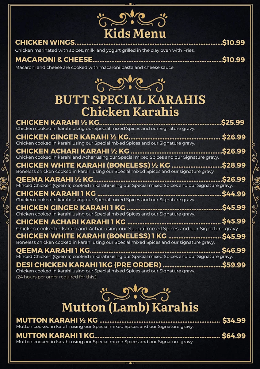 Menu, Butt Karahi Restaurant & Banquet Hall