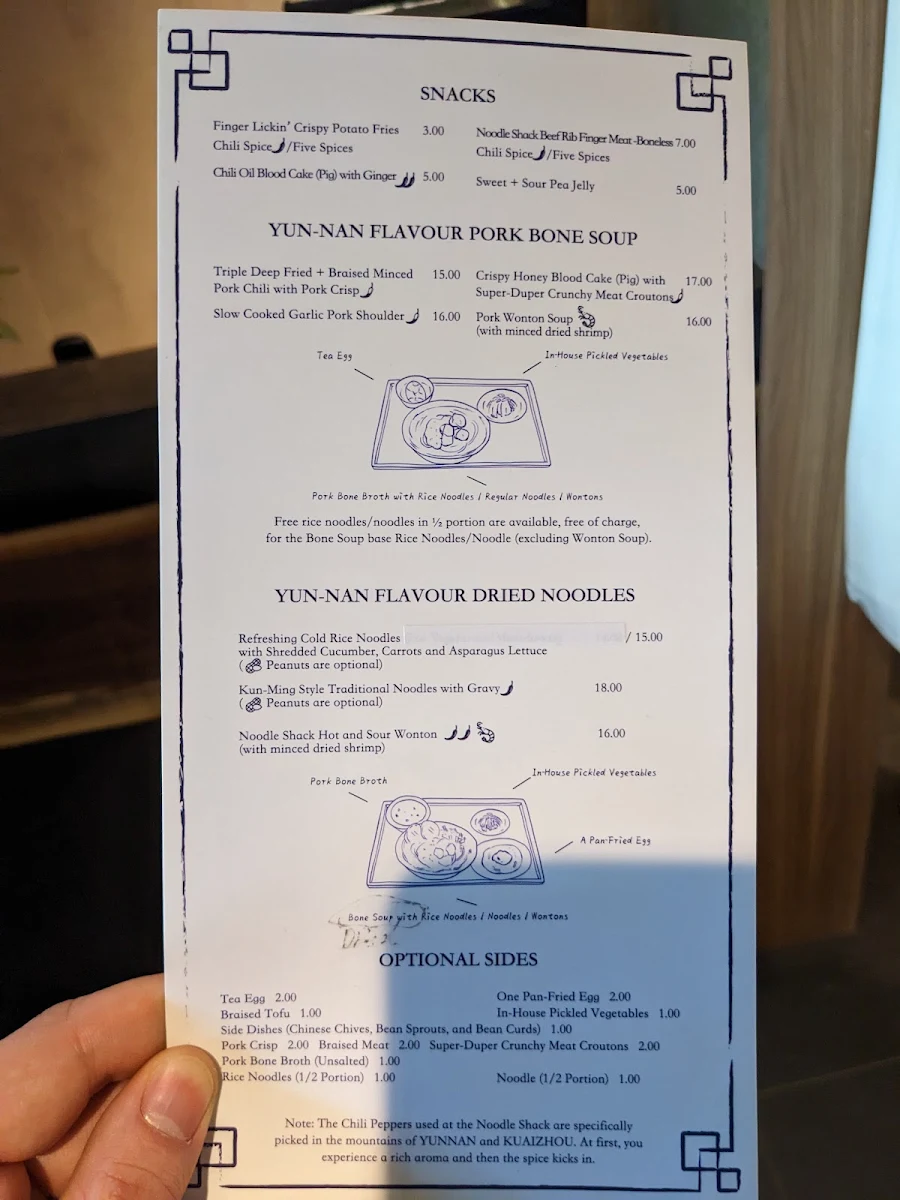 Menu, Yunnan Noodle Shack滇客