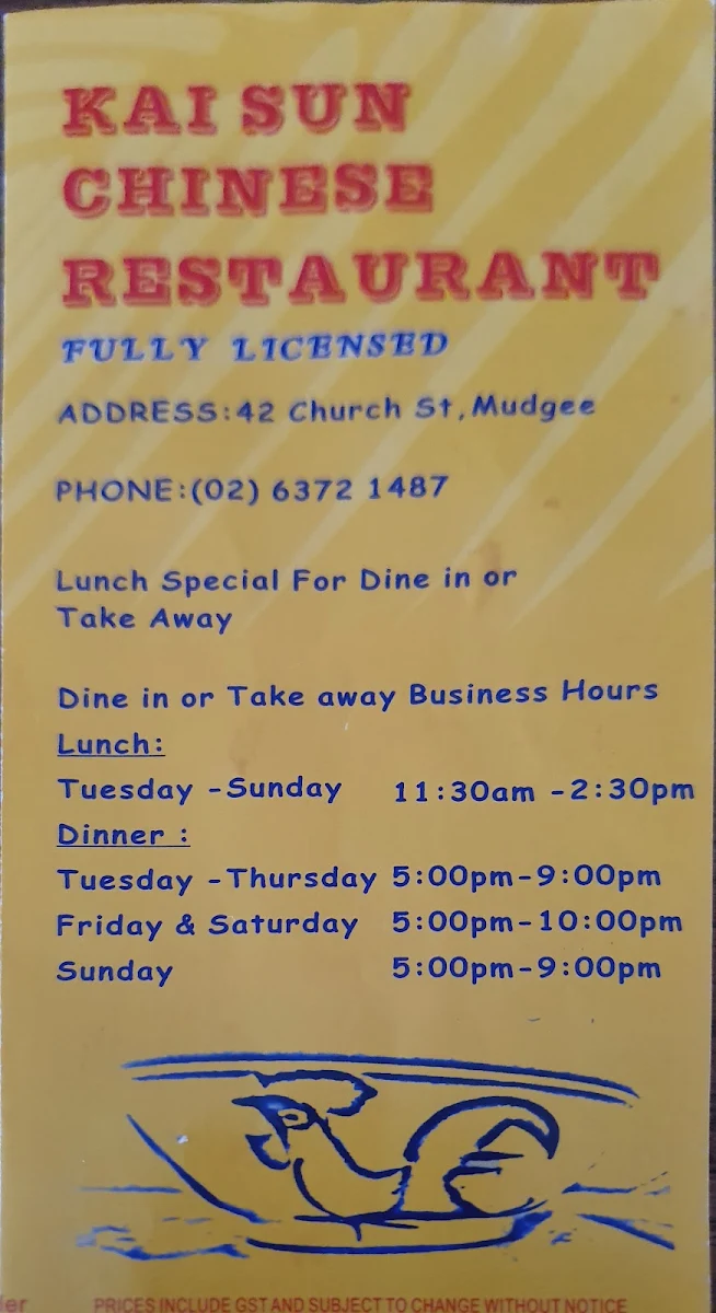 Menu, Kai Sun Chinese Restaurant