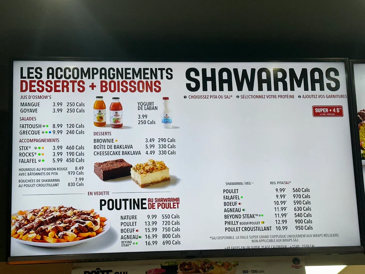 Menu, Osmow's Shawarma