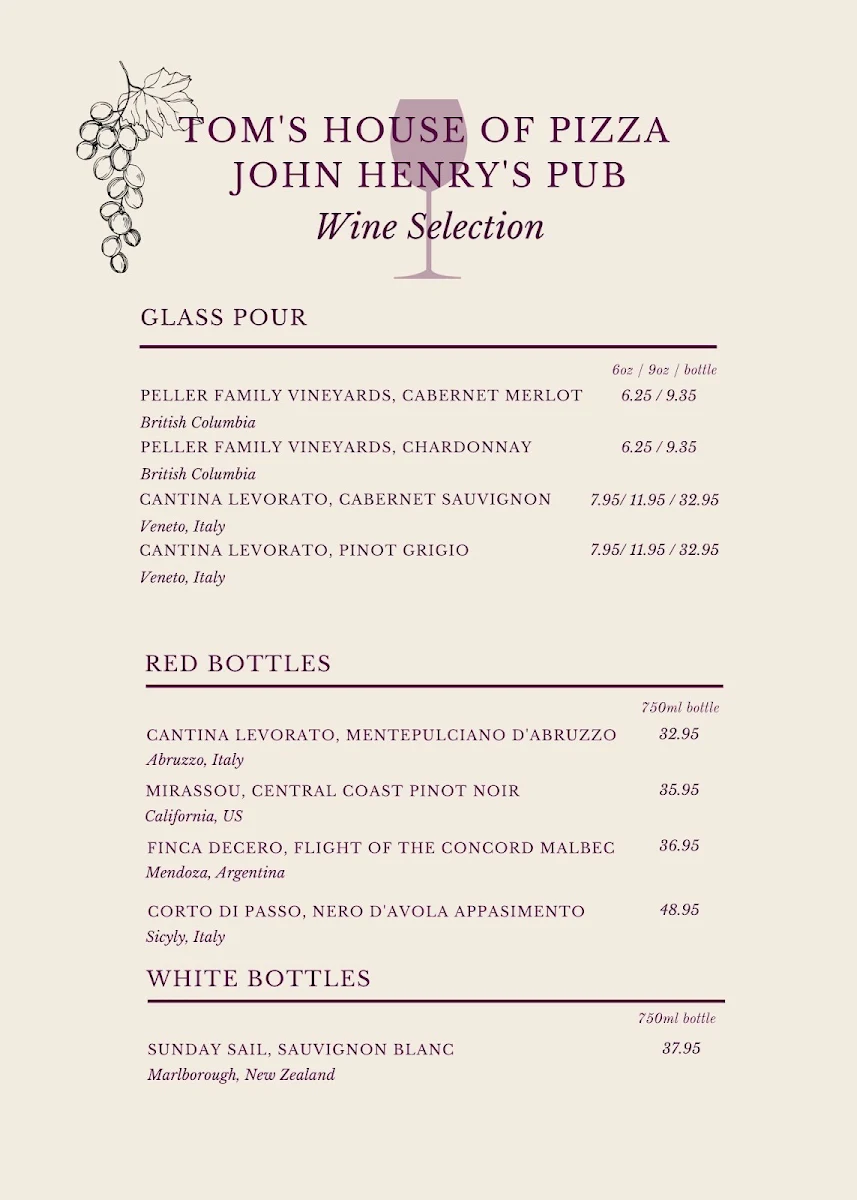 Menu, Tom's House Of Pizza