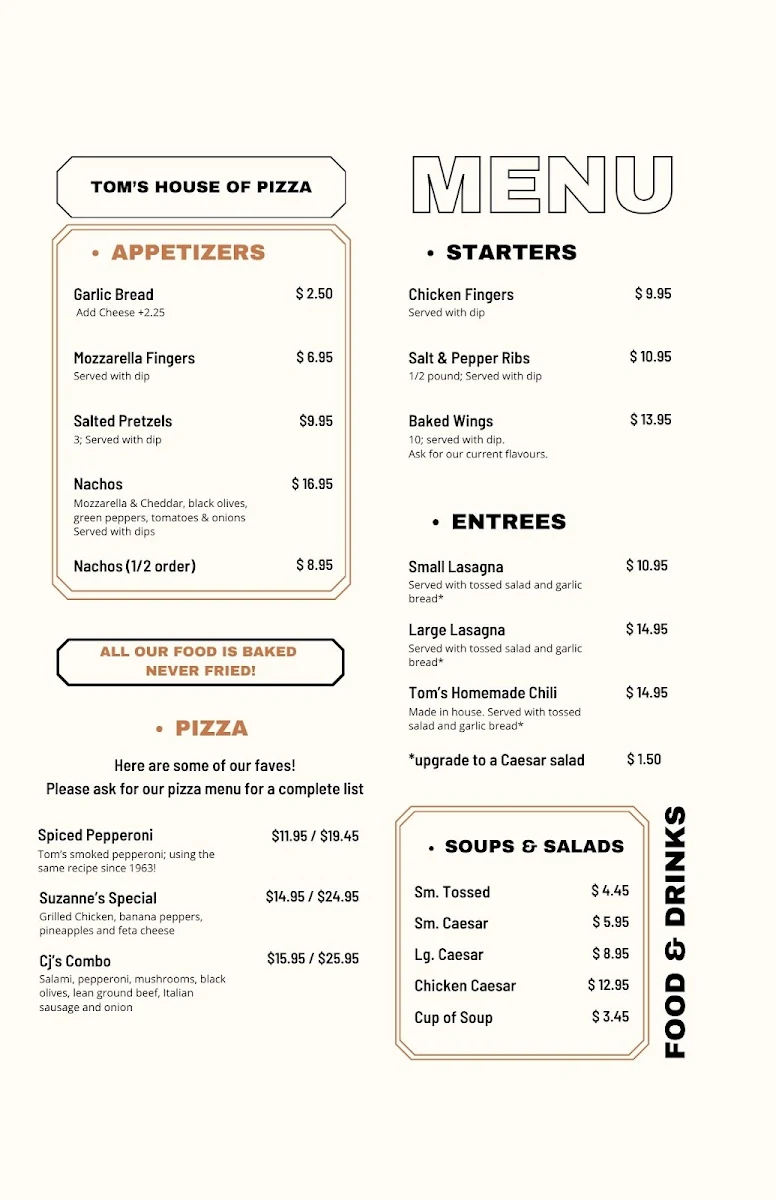 Menu, Tom's House Of Pizza