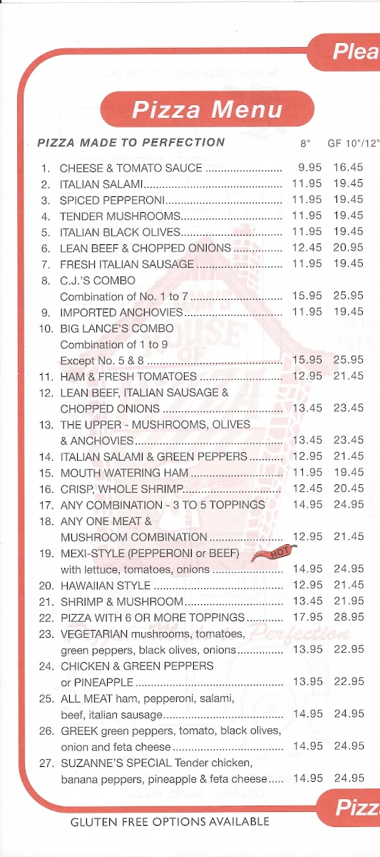 Menu, Tom's House Of Pizza
