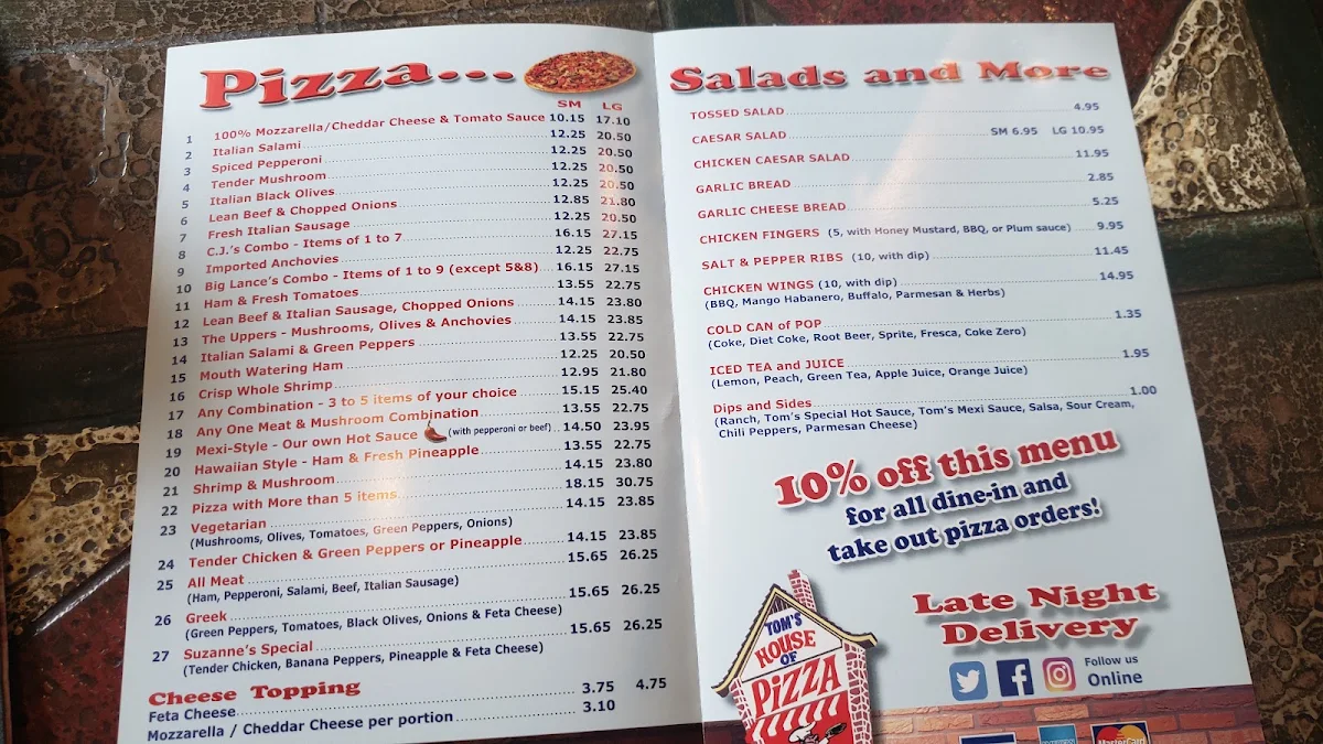 Menu, Tom's House Of Pizza