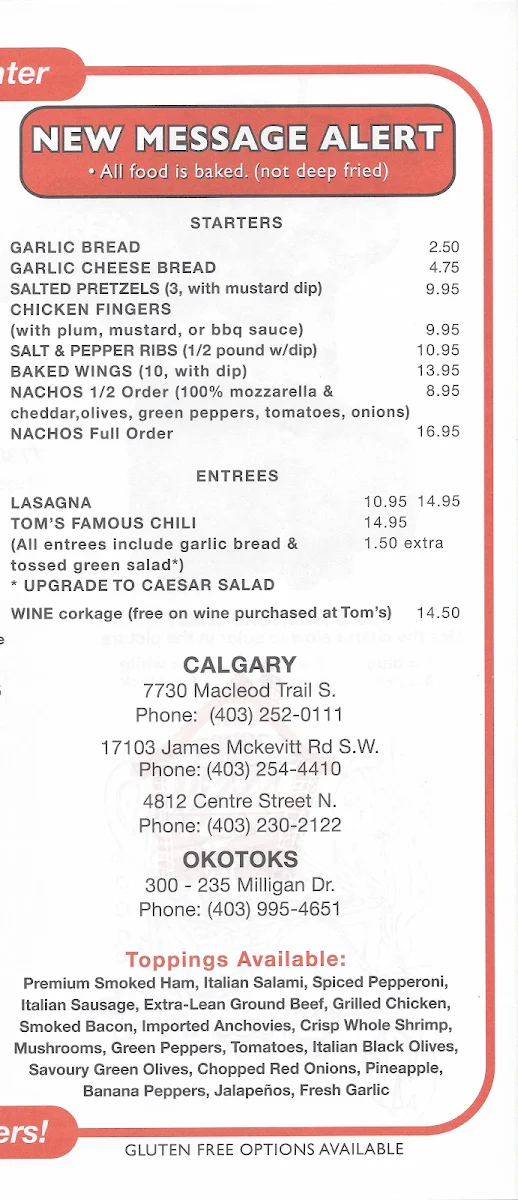 Menu, Tom's House Of Pizza