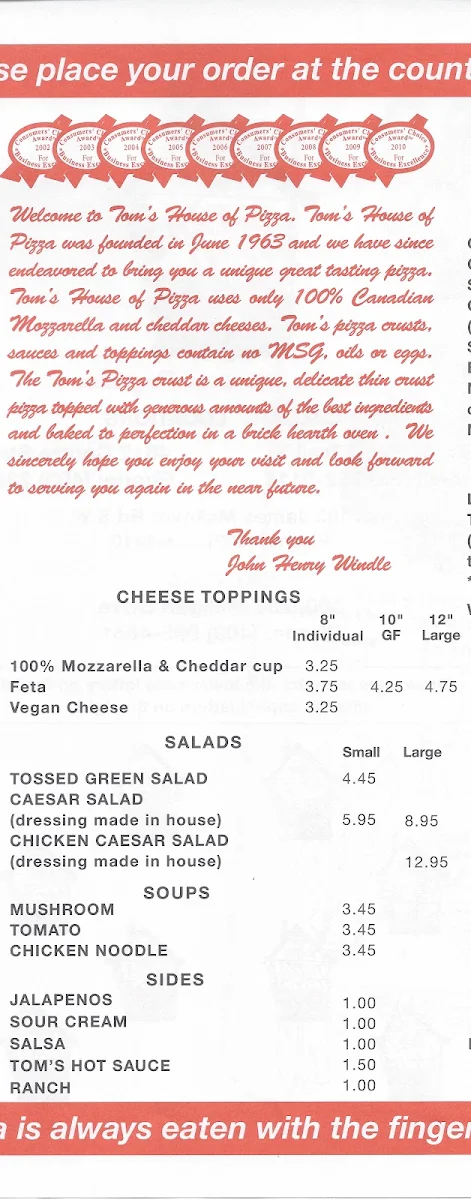 Menu, Tom's House Of Pizza