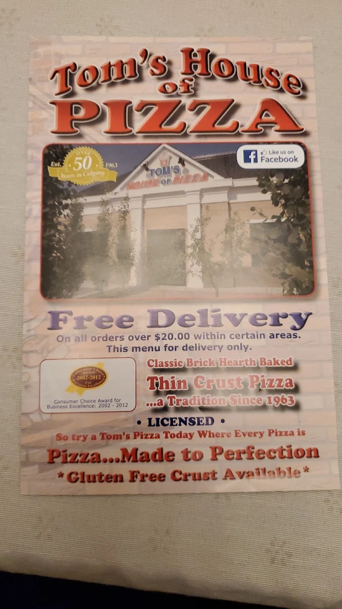 Menu, Tom's House Of Pizza