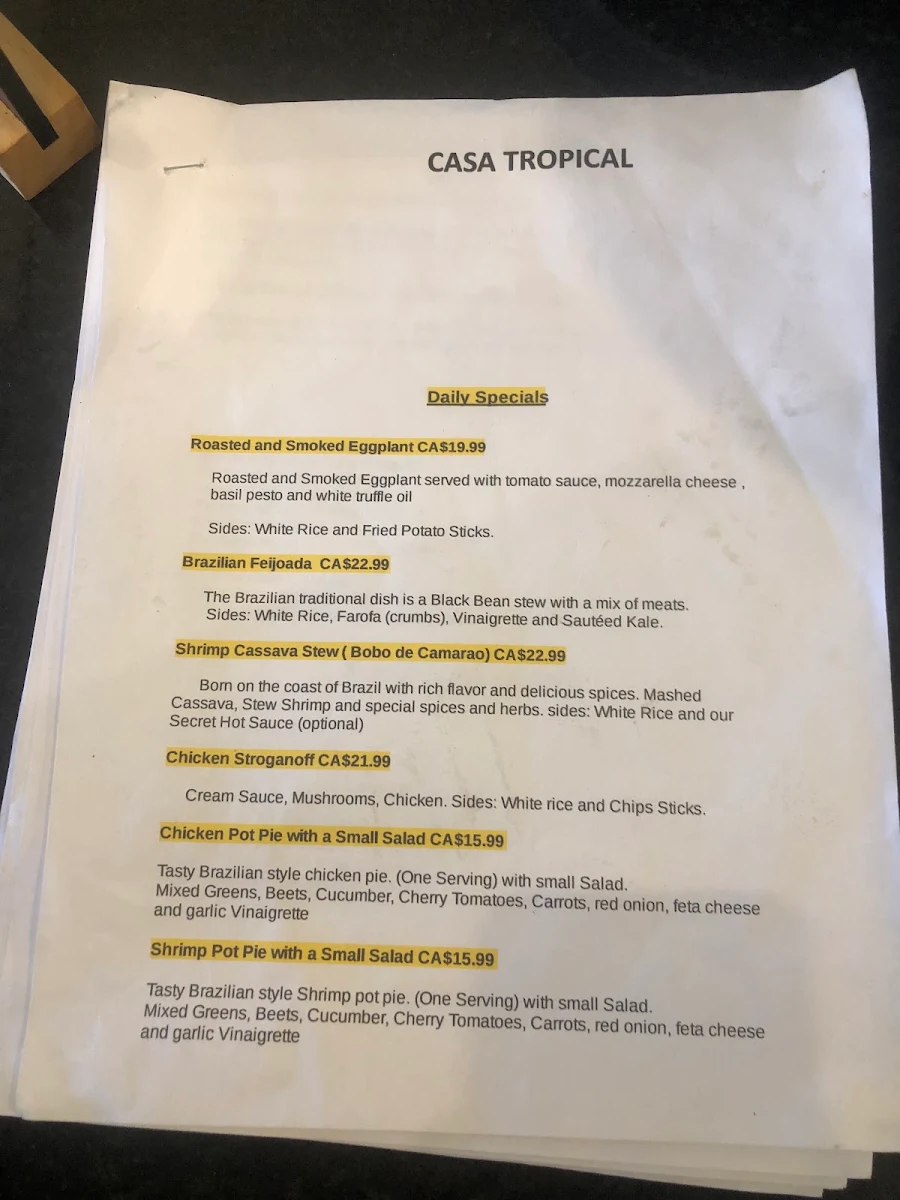 Menu, Casa Tropical