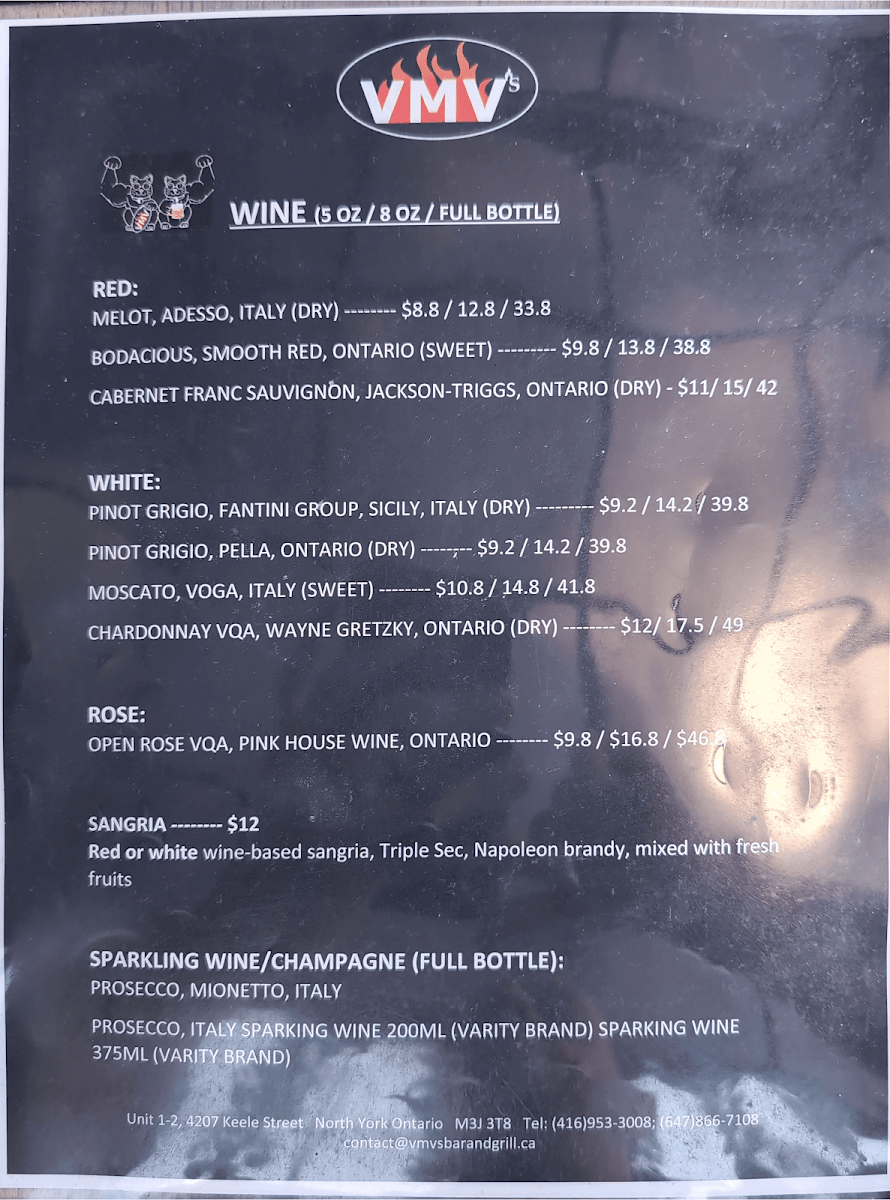 Menu, VMV's Bar & Grill