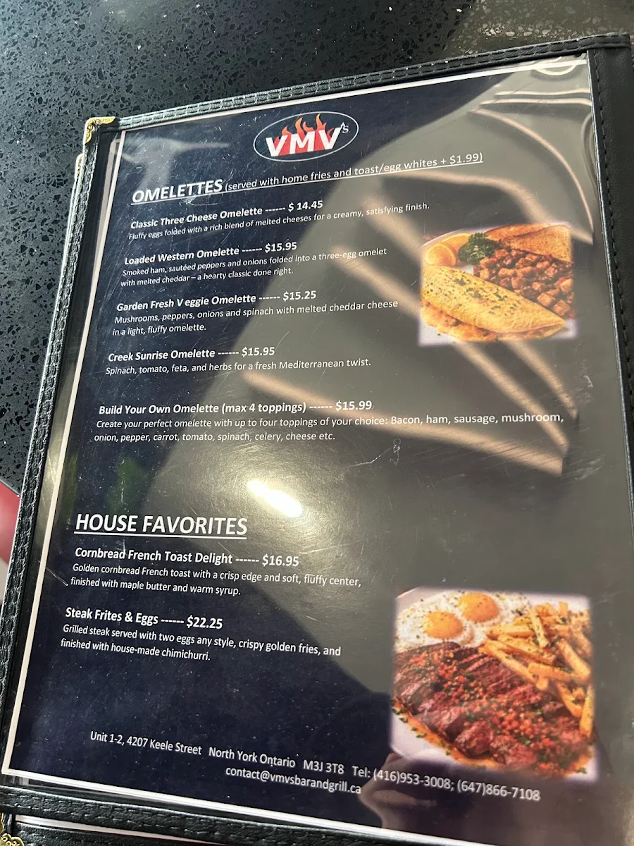 Menu, VMV's Bar & Grill