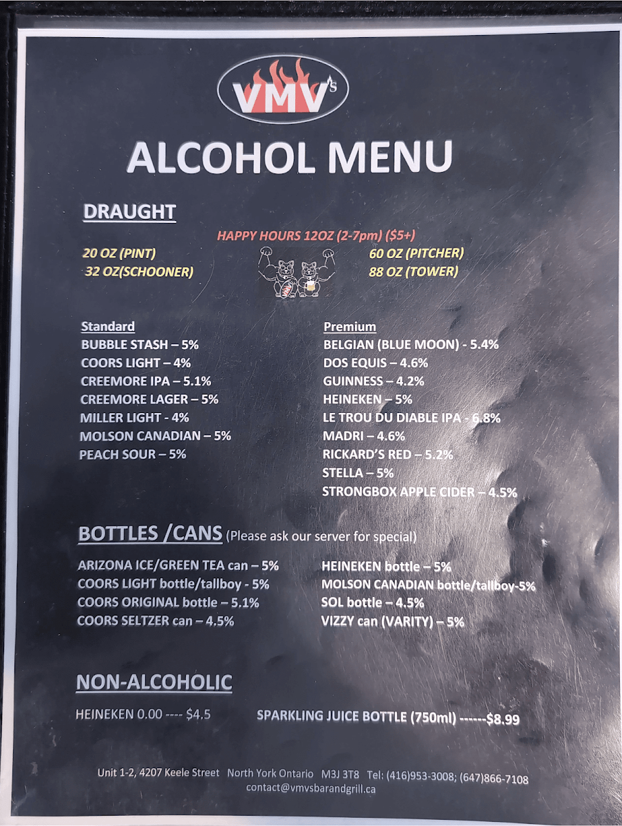 Menu, VMV's Bar & Grill