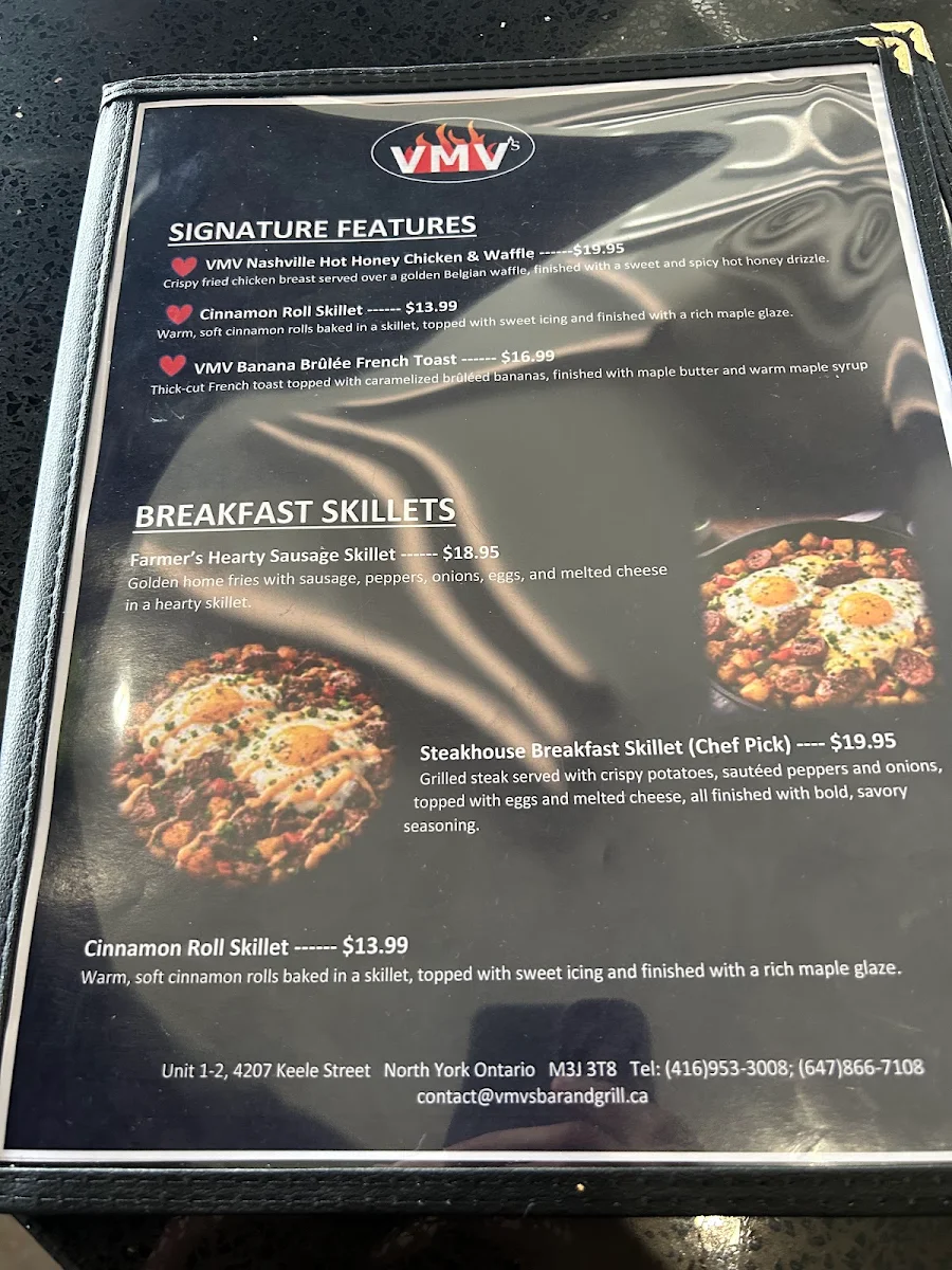 Menu, VMV's Bar & Grill