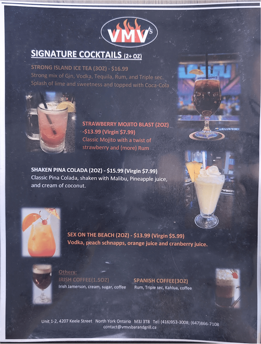 Menu, VMV's Bar & Grill