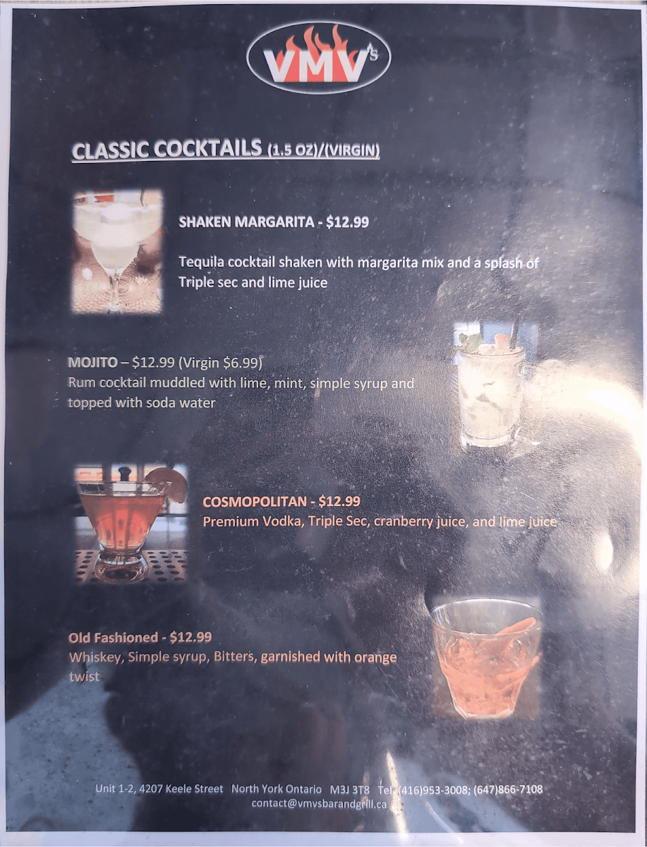 Menu, VMV's Bar & Grill