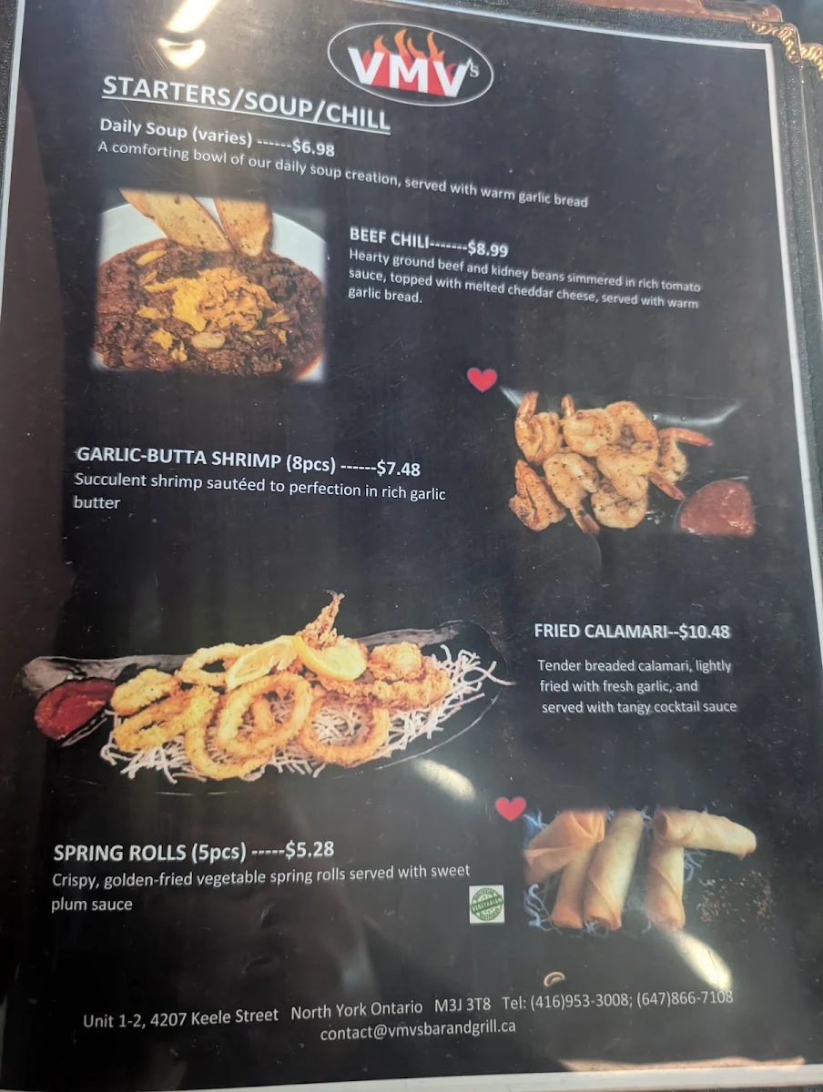 Menu, VMV's Bar & Grill