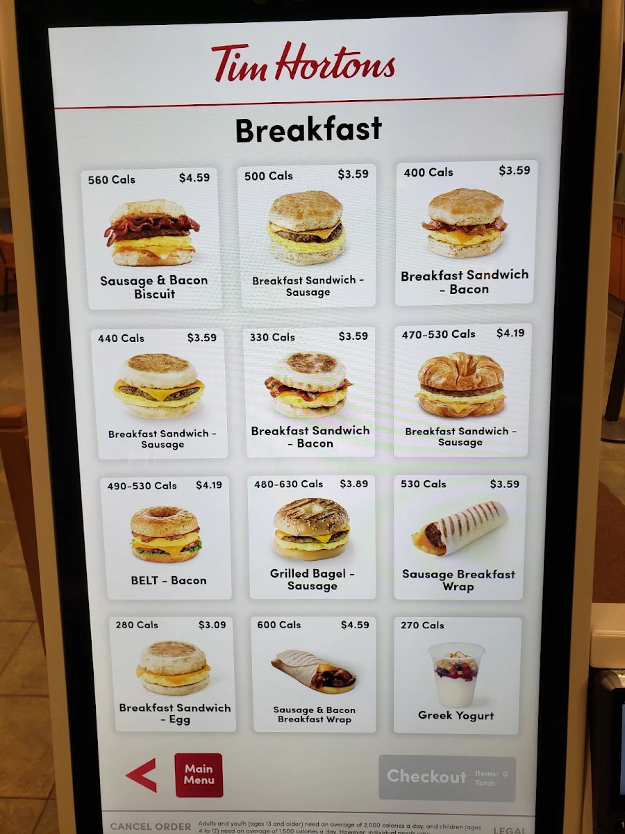 Menu, Tim Hortons