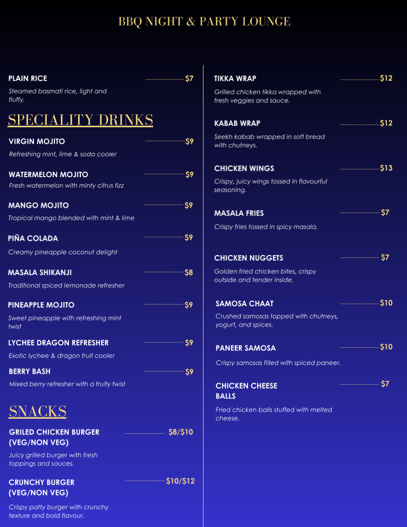 Menu, BBQ Night & Party Lounge