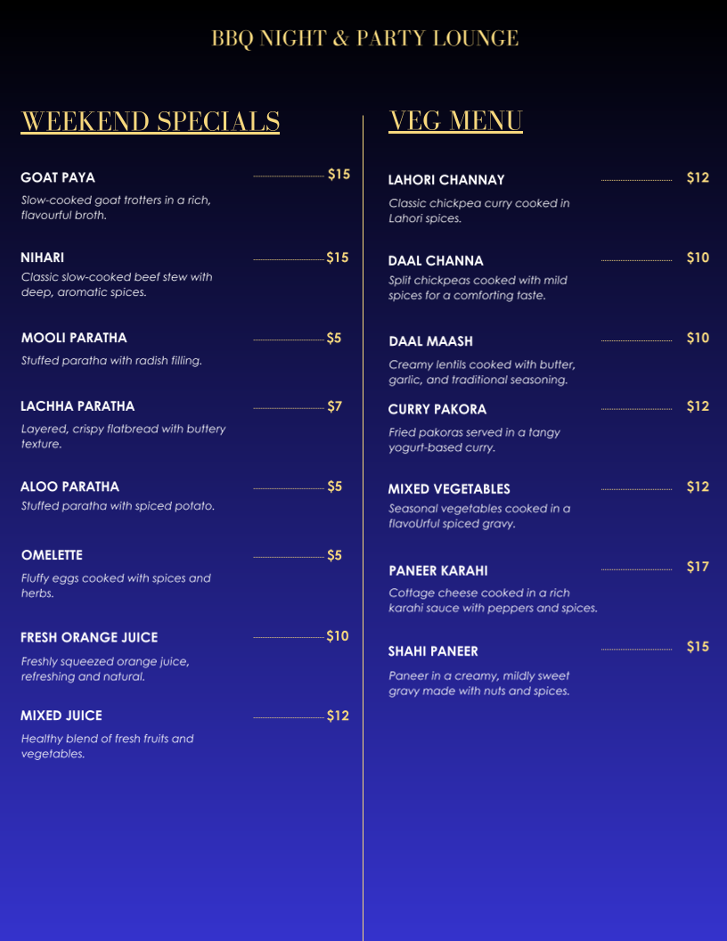 Menu, BBQ Night & Party Lounge