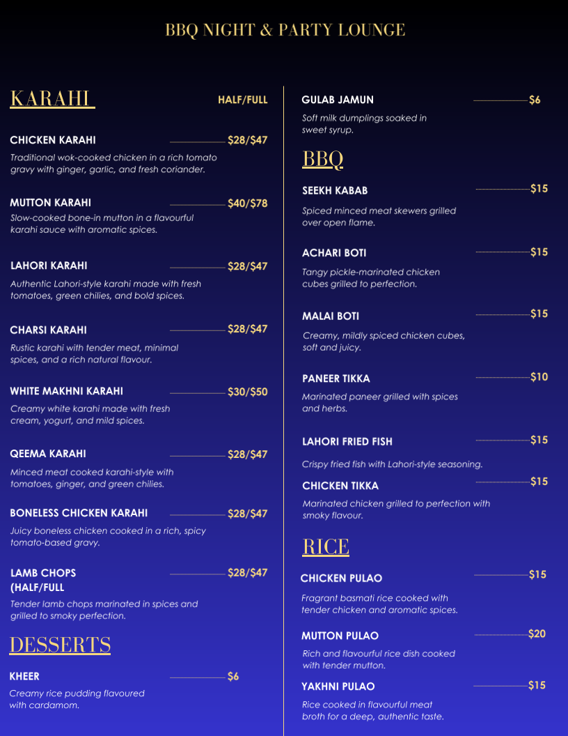 Menu, BBQ Night & Party Lounge