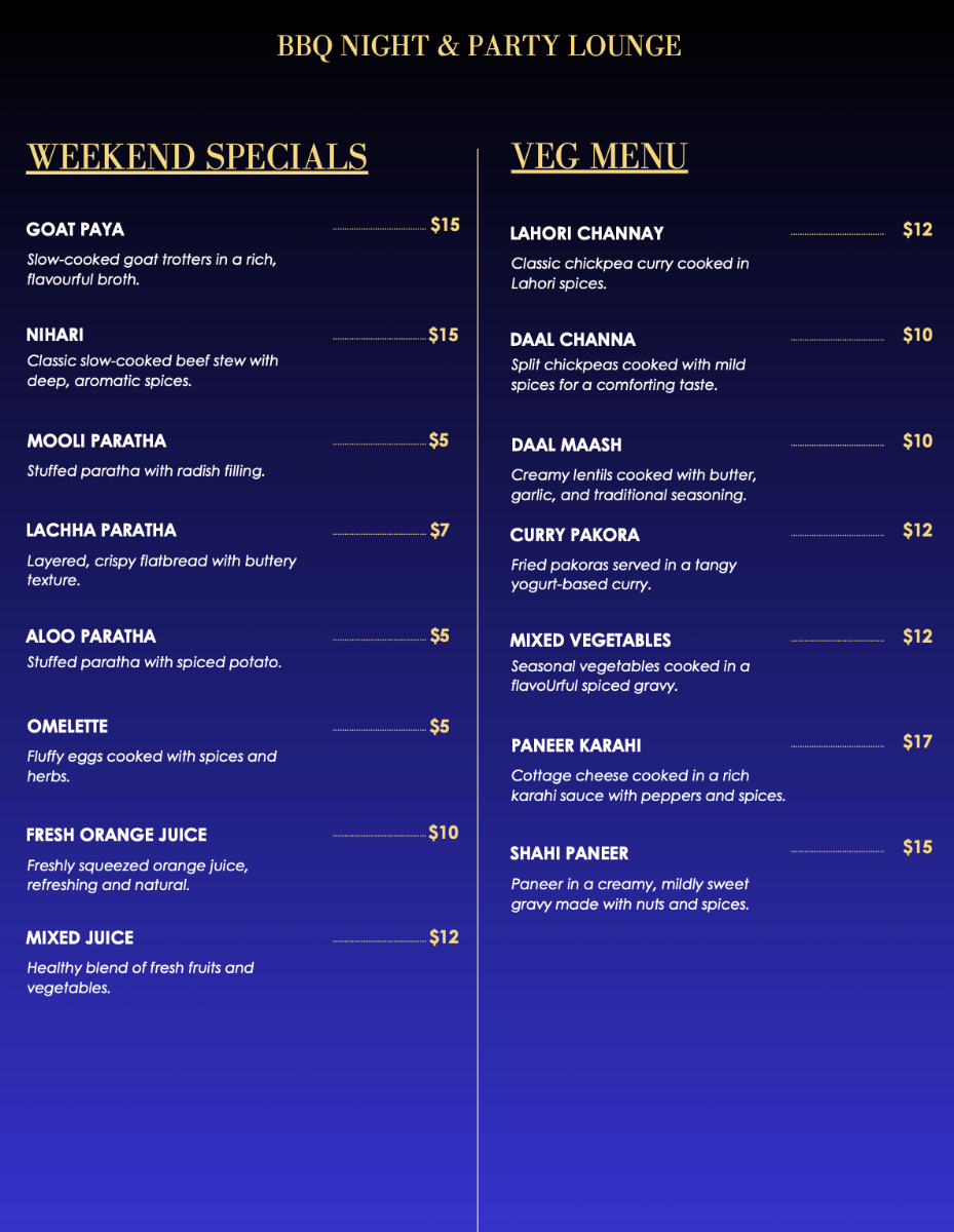 Menu, BBQ Night & Party Lounge