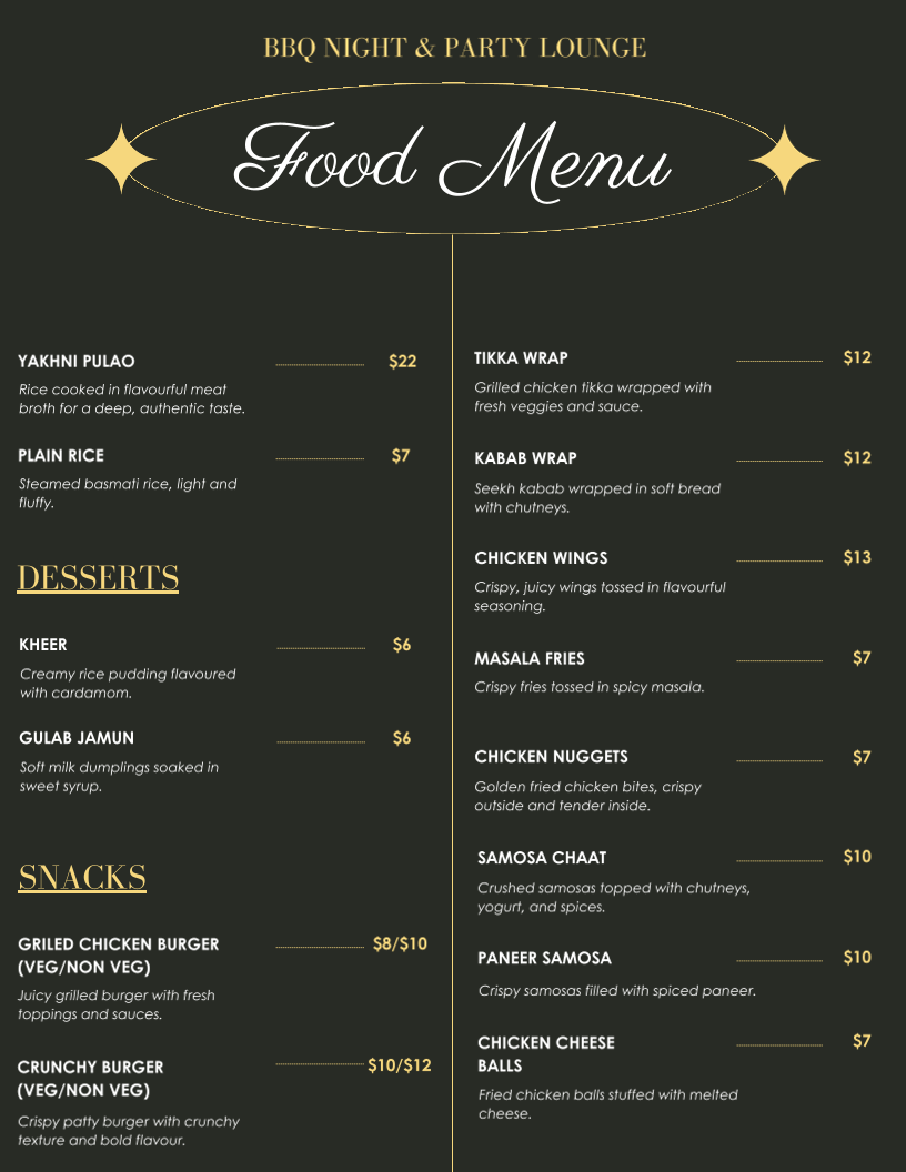 Menu, BBQ Night & Party Lounge
