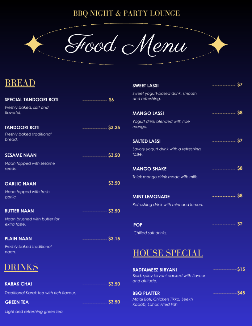 Menu, BBQ Night & Party Lounge