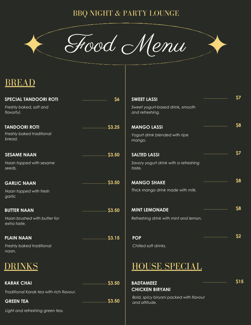 Menu, BBQ Night & Party Lounge