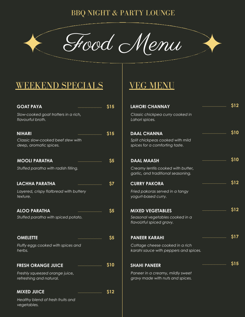 Menu, BBQ Night & Party Lounge