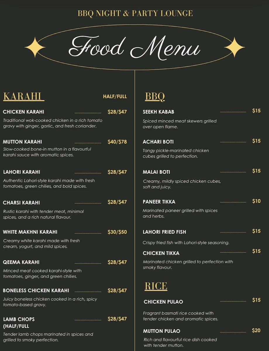 Menu, BBQ Night & Party Lounge