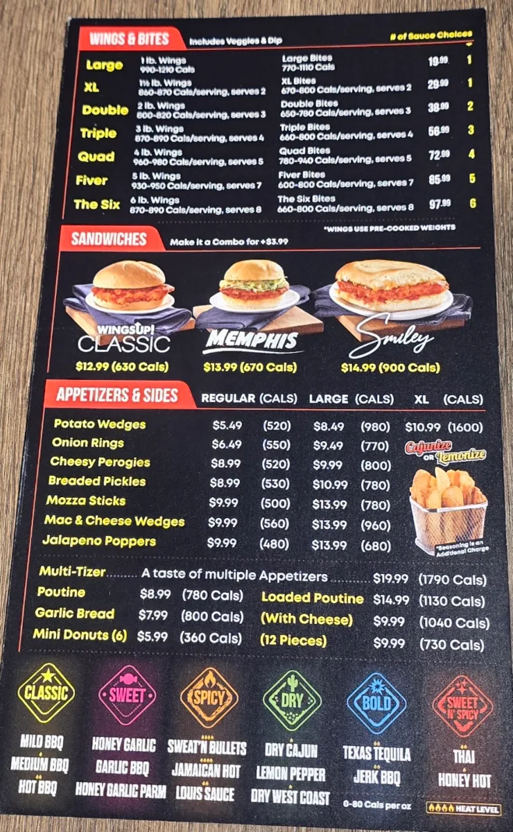 Menu, WingsUp! Calgary - Macleod