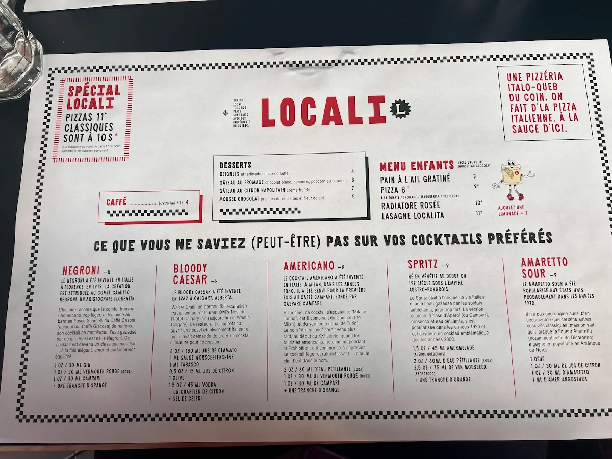 Menu, Pizzeria Locali