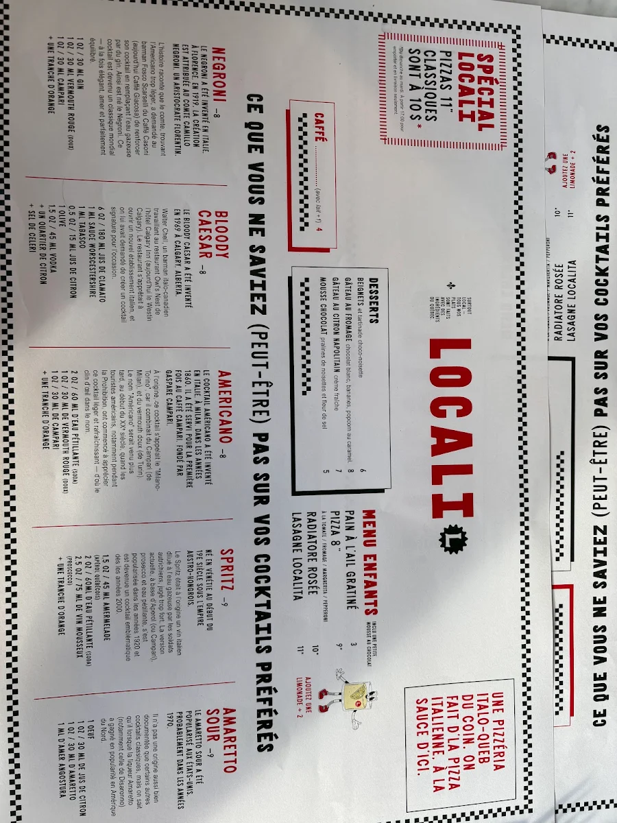 Menu, Pizzeria Locali